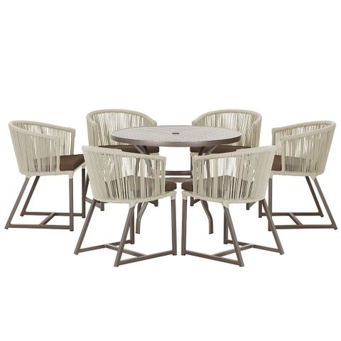 Mesa com 6 Cadeiras de Jantar Roma 120cm e Noronha em Alumínio Marrom Corda Náutica Estofado 9 Trama