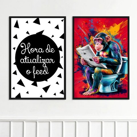 Kit 2 Quadros Divertidos Banheiro Pop Art 45x34cm:moldura Branca