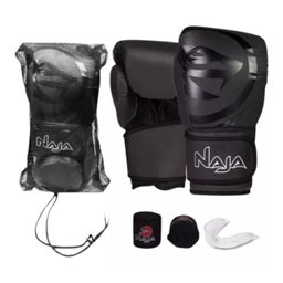 Kit luvas de Boxe Muay Thai Naja Black + Bandagem + Protetor Bucal KIT Black 16 Preto - 1