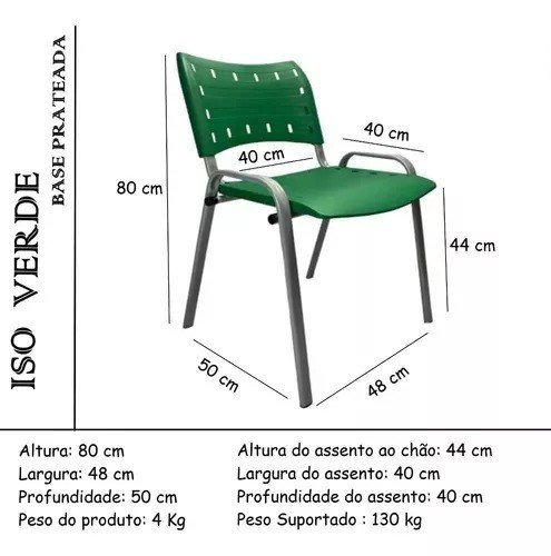 Kit Com 6 Cadeiras Iso Para Escola Escritório Comércio Verde Base Prata - 3