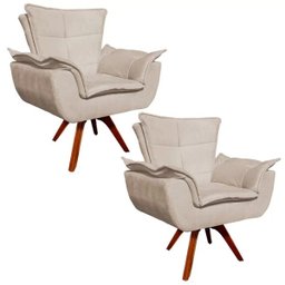 Kit 2 Poltronas Decorativas Gran Opala Base Giratória Madeira Suede Bege - 1 Kit 2 Poltronas Decorativas Gran Opala Base Giratória Madeira Suede Bege - 1