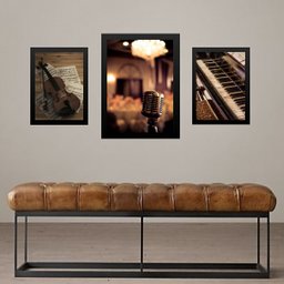 Set 3 Quadros Fotografias - Instrumentos Musicais - com Vidro: Moldura Branca - 1