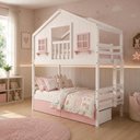 Ver imagem 1 de Beliche Infantil Casinha Dos Sonhos com Varanda 02 Gavetas Rosa Madeira Maciça Branco/ Rosa