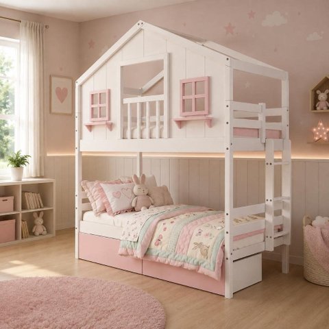 Beliche Infantil Casinha Dos Sonhos com Varanda 02 Gavetas Rosa Madeira Maciça Branco/ Rosa