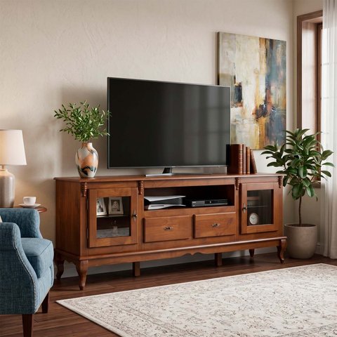 Rack para TV até 75 Polegadas 195cm 2 Portas Vidro 2 Gavetas Prateleira Interna Pés Luis Xv