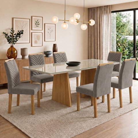 Conjunto Sala de Jantar 6 Lugares Retangular Tampo Vidro MDF 160x80cm Mesa Lyra e Cadeiras Carol