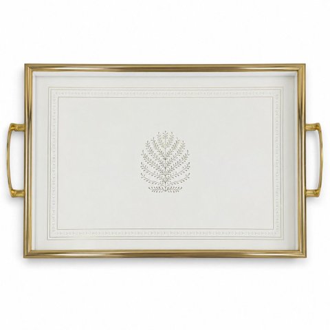 Bandeja Decorativa Branco com Detalhes Dourado 30x45cm