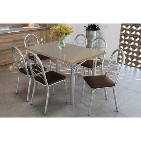 Sala de Jantar Completa Elba Tampo Madeirado C/ Vidro 120cm e 6 Cadeiras Holanda Cromada/freijo