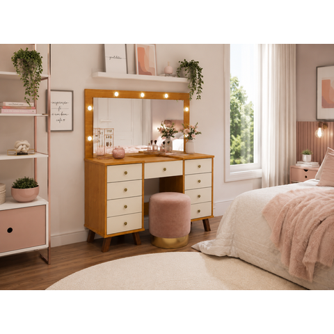 Penteadeira Camarim Eloa Patrimar 9 Gavetas 136 cm Espelho e Leds - Retro:Cinamomo/Offwhite