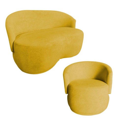 Kit Namoradeira + Poltrona Decorativa Beatriz Orgânica Couro Amarelo