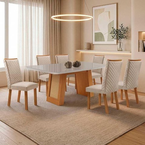 Mesa de Jantar Carolina 6 Lugares MDF e Vidro Off White 180cm Moderna