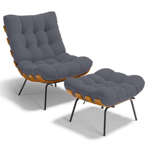Poltrona Costela L02 com Puff Sala de Estar Suede Cinza - Lyam Decor