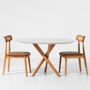 Ver imagem 1 de Conjunto Mesa de Jantar Thai Redonda Vidro Off White - 1,20m + 2 Cadeiras Dalí Palha Larga - Cognac