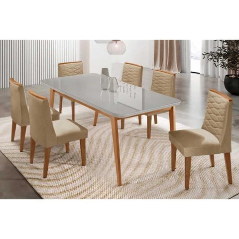 Conjunto: Mesa Sala Jantar Havana Tampo c/ Vidro Curvo 180cm+6 Cadeiras Maldivas Madeira Naturale/