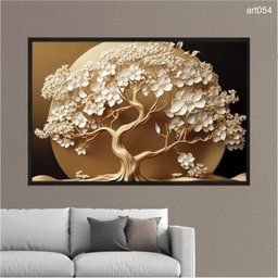 Quadro Decorativo - Arvore da Vida Dourada Flores Brancas Art054 - Tela Canvas - 60x40cm - 2