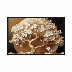 Quadro Decorativo - Arvore da Vida Dourada Flores Brancas Art054 - Tela Canvas - 60x40cm - 1