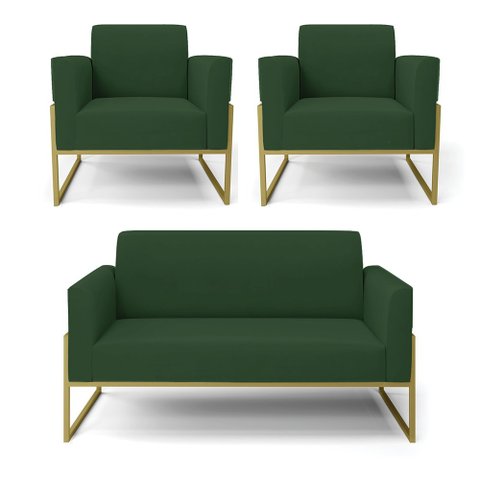 Sofá Namoradeira com 2 Poltronas Base Industrial Alta Dourado Marisa Veludo D03 - D’Rossi Ver