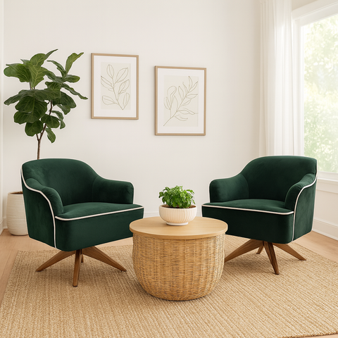 Kit 2 Poltronas Decorativas com Base Giratória em Madeira Veludo Verde Sol Larbelle