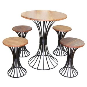 Conjunto de Mesa Redonda e 4 Bancos Modernos Artesanais Sala , Cozinha Ou Varanda