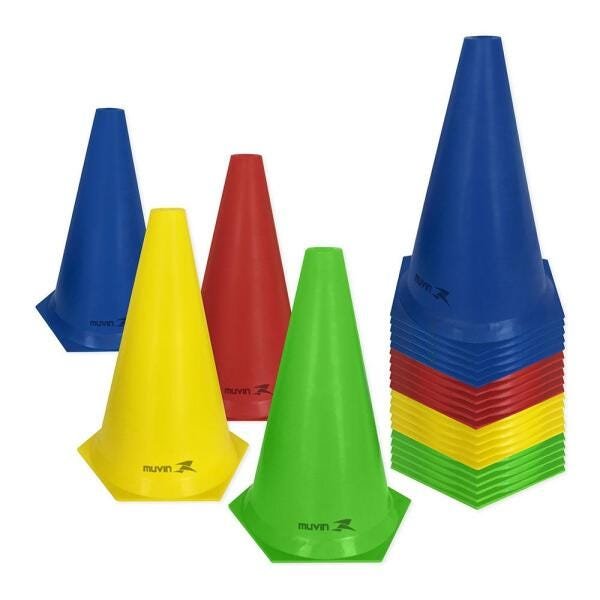 Cone de Marcação de Plástico Flexível - 24cm - Kit com 24 - Azul/Amarelo/Vermelho/Verde - Muvin