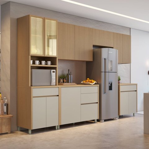 Cozinha Modulada 6 Peças com 3 Armários Aéreos Ripado 2 Balcões 1 Paneleiro 100% MDF Mista