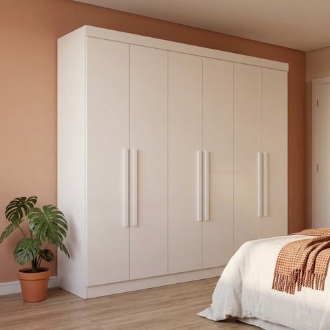 Guarda Roupa Casal 6 Portas 2 Gavetas com Cabideiro e Prateleiras 180x205x47cm Branco
