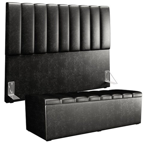 Kit Cabeceira Cama Box Queen 160cm Calçadeira Baú Dália W01 Couríssimo Preto - Lyam Decor