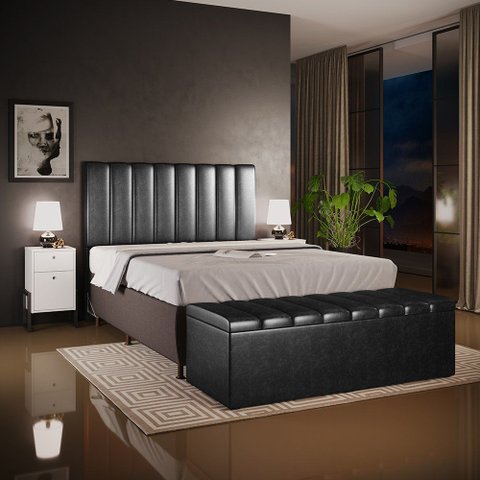 Kit Cabeceira Cama Box Queen 160cm Calçadeira Baú Dália W01 Couríssimo Preto - Lyam Decor