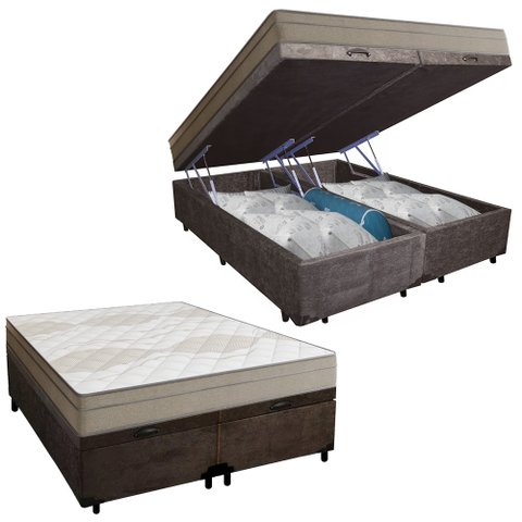 Cama Box Baú Casal Bipartido Suede + Colchão de Molas Ensacadas Portobel Ipanema -  138x188x66cm Cor