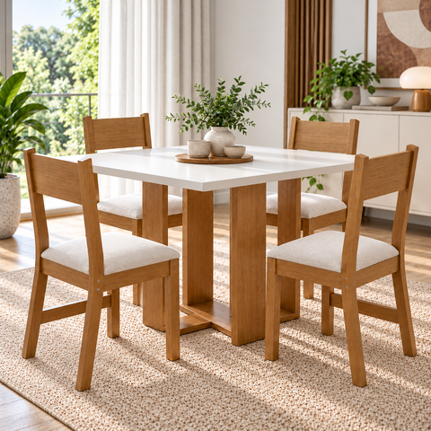 Conjunto Mesa de Jantar Retangular Milani Mel 4 Cadeiras Brisa Linho Marfim