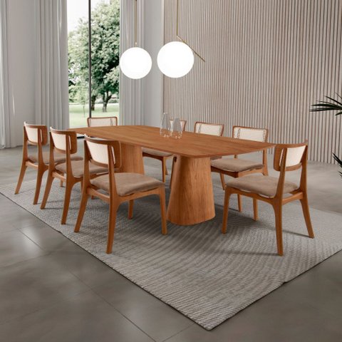 Sala de Jantar Mesa Noronha 220cm Tampo Laminado Canto Barril com 8 Cadeiras Viena