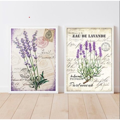 Kit 2 Quadros Lavanda Provençal Vintage 24x18cm:Madeira branca