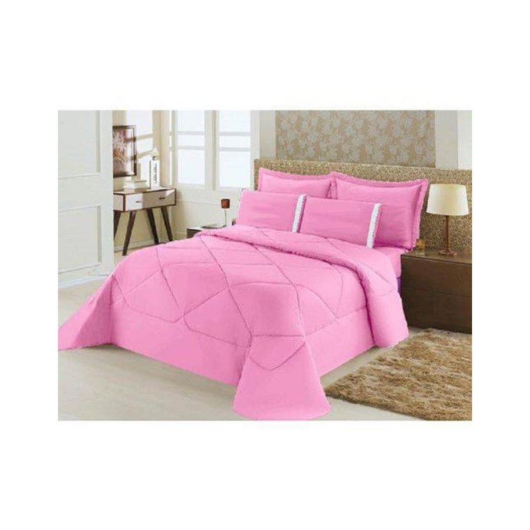 Kit Edredom + Lençol Aconchego Dupla Face Casal Queen 6 PÇ Rosa