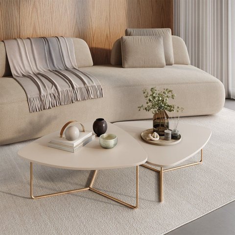 Kit 2 Mesas de Centro para Sala Design Orgânico Capri Metal Dourada - Off White/Off White