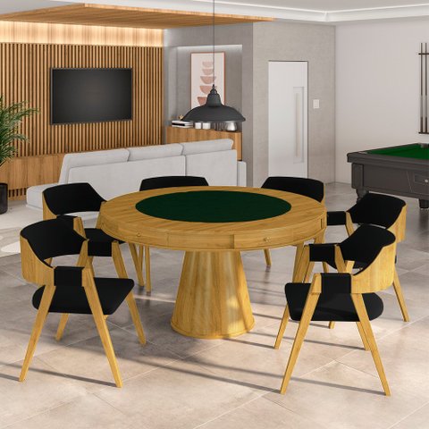 Conjunto Mesa de Jogos Carteado Bellagio Tampo Reversível e 6 Cadeiras Madeira Poker Base Cone Velud