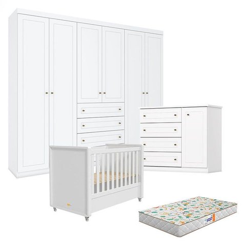 Quarto Infantil Americano 6 Portas com Berço Tutto New Branco Fosco e Colchão Gazin - Henn