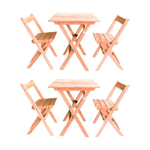 Kit 2 Conjuntos Mesa Dobrável para Bar e Restaurante 60x60cm com 2 Cadeiras em Madeira Maciça - Cru