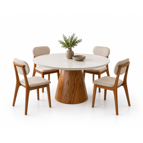 Conjunto Sala de Jantar 4 Lugares Mesa Redonda Conne Tampo com Vidro e 4 Cadeiras Madeira Maciça Lin