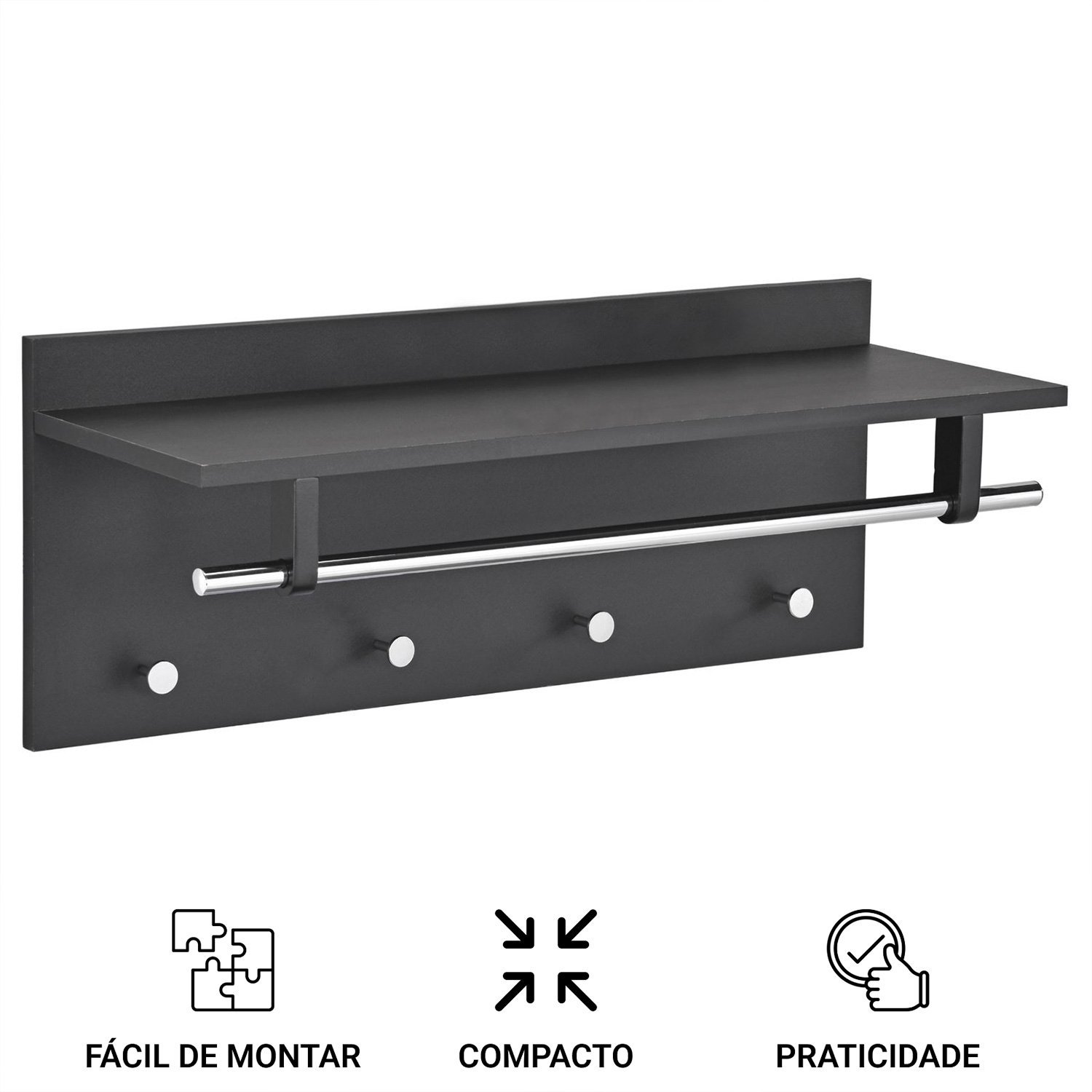 Cabideiro Parede 1 prateleira 4 cabides Madeira Metal Preto ...