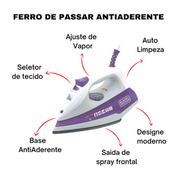 Ferro de Passar Roupas Elétrico a Vapor BlackDecker Base Antiaderente Roxo FX1000 110/127V - 5