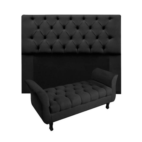 Kit Cabeceira Mirage + Calçadeira Grécia Casal 140cm Suede - Renascer Decor:Preto