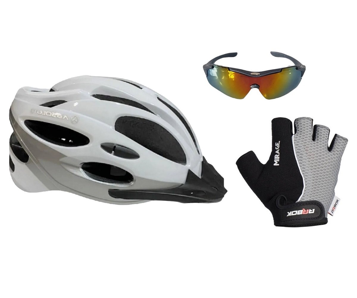 Kit Capacete Ciclismo C Led + Luva Gel + Óculos Proteção Uv - Cinza claro - GG - 1