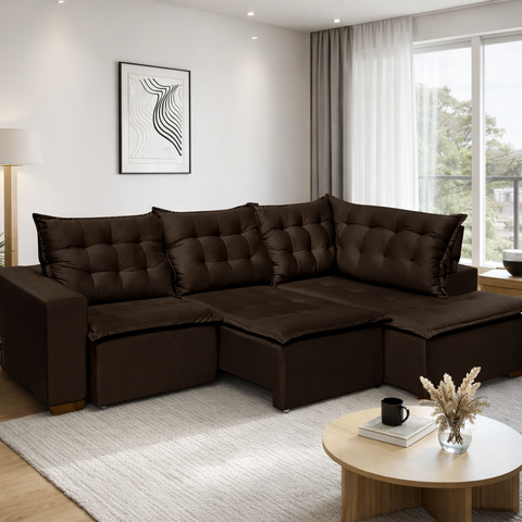 Sofá de Canto 5 Lugares Vitoria 270cm Retrátil e Reclinável com Tecido Veludo Nobre Sofatec