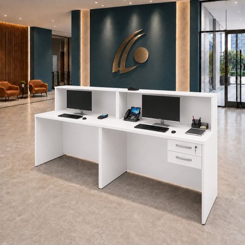 Conjunto 2 Balcões de Atendimento e Recepção Comercial 140x60cm com Gaveteiro Suspenso de 2 Gavetas