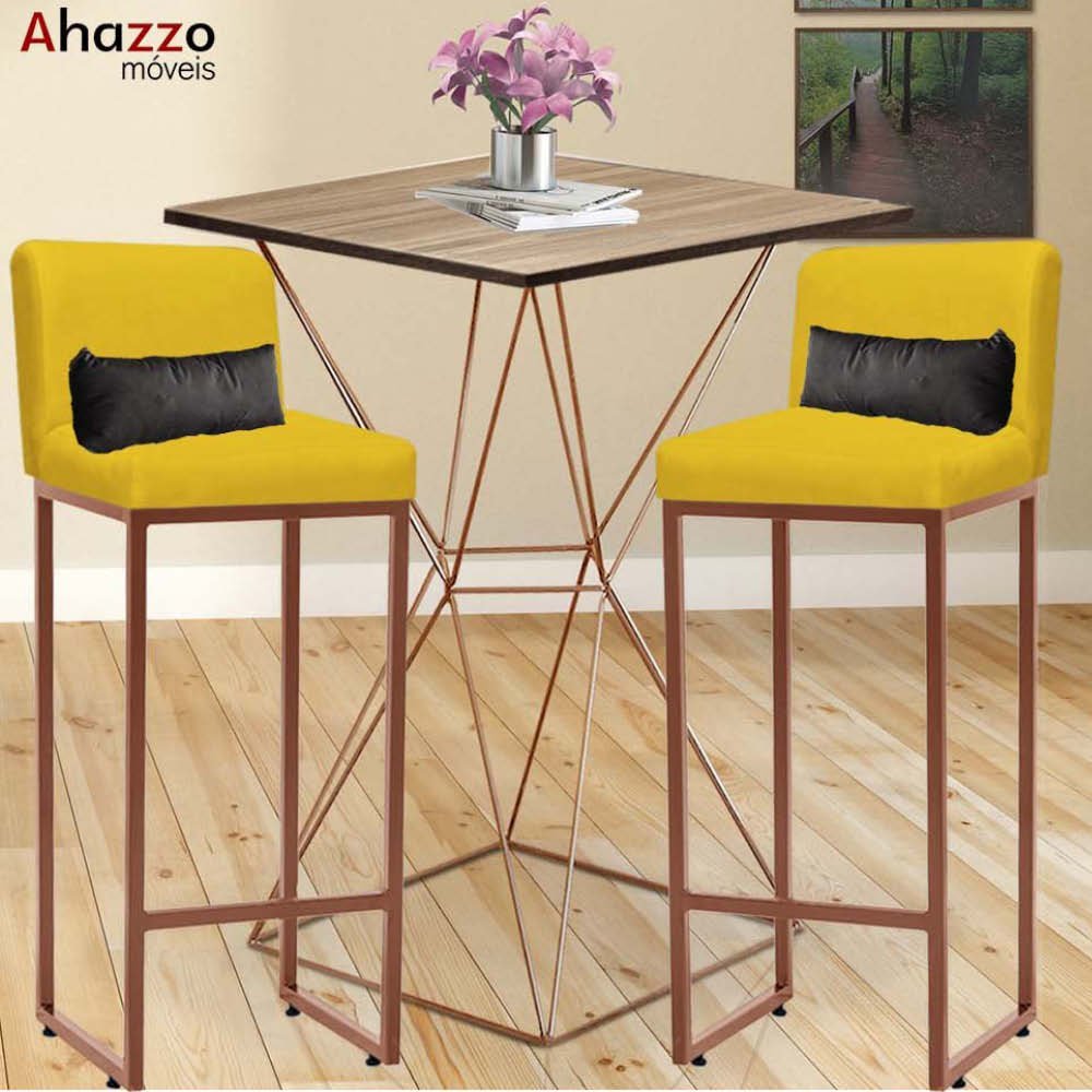 Kit Mesa Bistrô Lucca e 4 Banqueta Lucca Tampo Carvalho Ferro Bronze Sintético Amarelo e Almofada Ci - 2