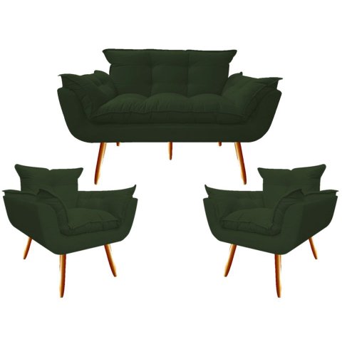 Kit Namoradeira + 2 Poltronas Decorativa Opala Suede Verde Pés Madeira Mz Decor