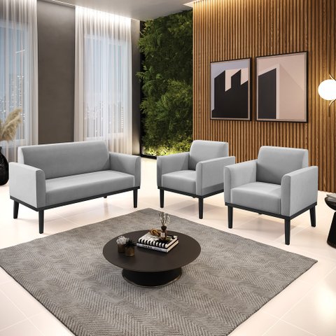 Conjunto 2 Poltronas e 1 Namoradeira Decorativa Isabella Pés Fixo em Madeira Preto Suede Cinza G19 -