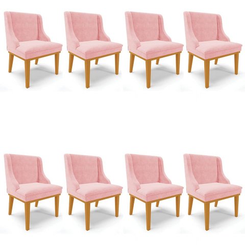 Kit 8 Cadeiras Estofadas para Sala de Jantar Base Fixa de Madeira Castanho Lia Suede Rosa bebê - Ibi