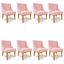 Ver imagem 1 de Kit 8 Cadeiras Estofadas para Sala de Jantar Base Fixa de Madeira Castanho Lia Suede Rosa bebê - Ibi