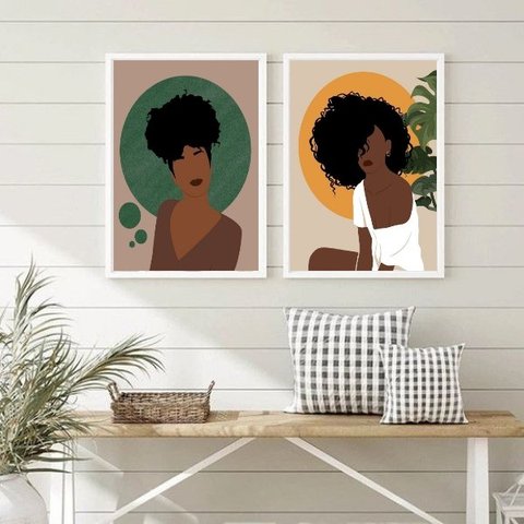 Kit 2 Quadros Boho Mulheres Beleza negra 33x24cm - com Vidro:madeira Preta